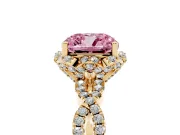 Fancy Pink Cushion Cut Diamond Halo Twist Band Solitaire Ring Set in Yellow gold with Prong-Set Center Stone