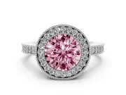 Fancy Pink Round Cut Diamond Halo Engagement Ring Set in Platinum with Pavé Band and Round Halo Stones