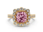 Fancy Pink Cushion Cut Diamond Halo Milgrain Pavé Ring Set in Yellow gold with Prong Setting