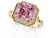 Asscher Cut Halo Engagement Ring Setting for a Fancy Pink Lab-Grown Diamond | Bezel Station Shoulders | Yellow Gold
