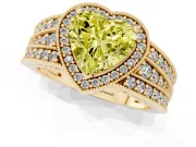 Fancy Yellow Heart Cut Diamond Halo Ring Set in Yellow gold with Accent Split Shank and Prong Setting