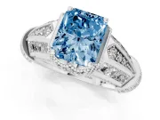 Fancy Blue Radiant Cut Diamond Vintage-Inspired Milgrain Ring Set in Platinum with Accent Split Shank