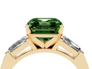 Fancy Green Asscher Cut Diamond Solitaire Ring Set in Yellow gold with Tapered Baguette Side Stones and Prong Setting