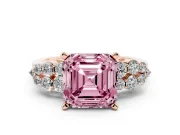 Fancy Pink Asscher Cut Diamond Cluster Engagement Ring Set in Rose gold with Pavé Band and Prong Setting