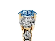 Round Three Stone Engagement Ring Setting for a Fancy Blue Lab-Grown Diamond | Accented Shoulders | Yellow Gold