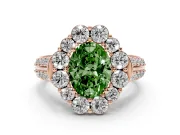 Fancy Green Oval Cut Diamond Halo Engagement Ring Set in Rose gold with Split Shank and Prong Setting