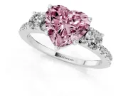 Fancy Pink Heart Cut Diamond Three-Stone Ring Set in Silver with Pavé Band and Graduated Sides