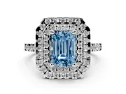 Fancy Blue Emerald Cut Diamond Double Halo Statement Ring Set in White gold with Pavé Band