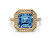 Asscher Cut Vintage Milgrain Halo Engagement Ring Setting for a Fancy Blue Lab-Grown Diamond | Bezel Head | Yellow Gold