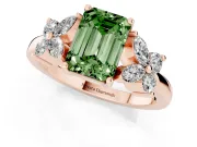 Fancy Green Emerald Cut Diamond Floral Cluster Ring Set in Rose gold with Marquise Petals and Prong Setting
