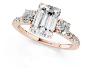 Emerald Cut Three Stone Engagement Ring Setting | Pave Shoulders | Rose Gold