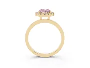 Fancy Pink Oval Cut Diamond Halo Solitaire Ring Set in Yellow gold with Pavé Band and Prong Setting
