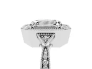 Emerald Cut Diamond Halo Engagement Ring Set in Platinum with Milgrain Pavé Band