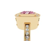 Fancy Pink Cushion Cut Diamond Halo Ring Set in Yellow gold with Pavé Band and Milgrain-Edged Prongs