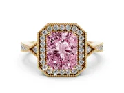 Fancy Pink Radiant Cut Diamond Halo Engagement Ring Set in Yellow gold with Milgrain Pavé Band