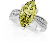 Fancy Yellow Marquise Cut Diamond Solitaire Ring Set in Silver with Milgrain Double Row Round Pavé Band