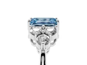 Fancy Blue Emerald Cut Diamond Solitaire Ring Set in Silver with Cluster Accents on Each Side