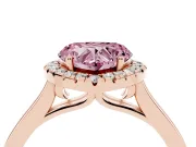 Fancy Pink Heart Cut Halo Round Diamond Solitaire Ring Set in Rose gold with Pavé Band and Prong Setting
