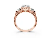 Heart-Shaped Vintage Three Stone Engagement Ring Setting | Milgrain Band | Rose Gold