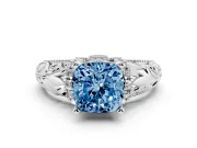 Fancy Blue Cushion Cut Diamond Filigree Halo Engagement Ring Set in Silver with Prong Setting