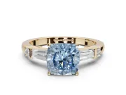 Cushion Cut Tapered Baguette Engagement Ring Setting for a Fancy Blue Lab-Grown Diamond | Bar Set Sides | Yellow Gold