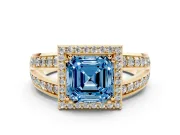 Asscher Cut Halo Engagement Ring Setting for a Fancy Blue Lab-Grown Diamond | Two-Row Pave Split Shank | Yellow Gold