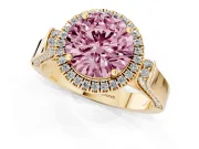 Round Pavé Halo Engagement Ring Setting for a Fancy Pink Lab-Grown Diamond | Yellow Gold