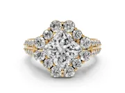 Princess Cut Large Accent Halo Engagement Ring Setting | Graduated Pavé | Yellow Gold