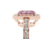 Fancy Pink Emerald Cut Diamond Halo Pavé Engagement Ring Set in Rose gold with Bezel Setting