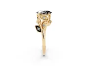 Fancy Black Oval Cut Diamond Solitaire Twist Engagement Ring Set in Yellow gold with Pavé Leaf Accents