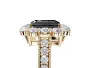 Fancy Black Emerald Cut Lab-Grown Diamond Halo Pavé Engagement Ring Set in Yellow Gold with Milgrain Detailing