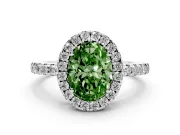 Fancy Green Oval Cut Diamond Pavé Band Halo Engagement Ring Set in Silver with Prong Setting