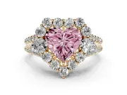 Fancy Pink Heart Cut Diamond Halo Split Shank Engagement Ring Set in Yellow gold with Prong-Held Center Stone