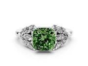 Fancy Green Cushion Cut Diamond Cluster Leaf Design Ring Set in White gold with Prong Setting
