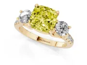 Cushion Cut Three-Stone Engagement Ring Setting for a Fancy Yellow Lab-Grown Diamond | Yellow Gold