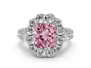 Fancy Pink Radiant Cut Diamond Halo Engagement Ring Set in Platinum with Split Shank and Prong Setting