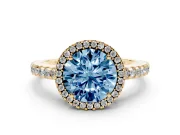 Round Halo Engagement Ring Setting for a Fancy Blue Lab-Grown Diamond | Half Pave Band | Yellow Gold