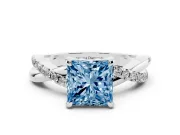 Fancy Blue Princess Cut Diamond Twist Band Solitaire Set in Silver with Pavé Accents and Prong Setting