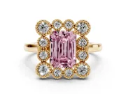 Emerald Cut Milgrain Cluster Halo Engagement Ring Setting for a Fancy Pink Lab-Grown Diamond | Plain Band | Yellow Gold