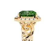 Fancy Green Radiant Cut Diamond Halo Ring Set in Yellow gold with Scrollwork Band and Prong Setting