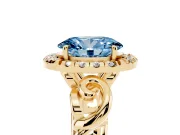 Fancy Blue Oval Cut Diamond Halo Ring Set in Yellow gold with Scrollwork Band and Prong Setting