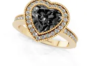 Fancy Black Heart Cut Diamond Round Halo Ring Set in Yellow gold with Pavé Band