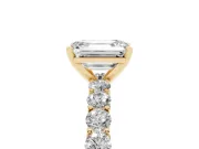 Emerald Cut Shared Prong Engagement Ring Setting | Two-Row Band | Yellow Gold
