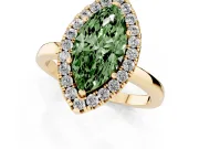 Fancy Green Marquise Cut Diamond Halo Solitaire Ring Set in Yellow gold with Pavé Band and Prong Setting