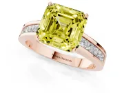 Fancy Yellow Asscher Cut Diamond Solitaire Ring Set in Rose gold with Channel-Set Band and Prong Setting