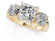 Princess Cut Three Stone Engagement Ring Setting | Wide Plain Band | Yellow Gold