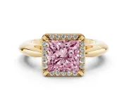 Fancy Pink Princess Cut Diamond Halo Engagement Ring Set in Yellow gold with Plain Split Shank and Prong Setting