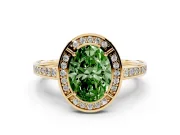 Fancy Green Oval Cut Diamond Halo Pavé Split Shank Ring Set in Yellow gold with Prong Setting