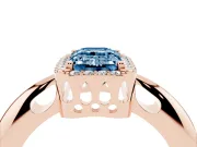 Fancy Blue Emerald Cut Diamond Halo Engagement Ring Set in Rose gold with Plain Split Shank and Prong Setting