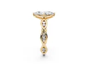 Marquise Cut Diamond Twist Band Solitaire Ring Set in Yellow gold with Leaf Prong Setting and Accent Stones